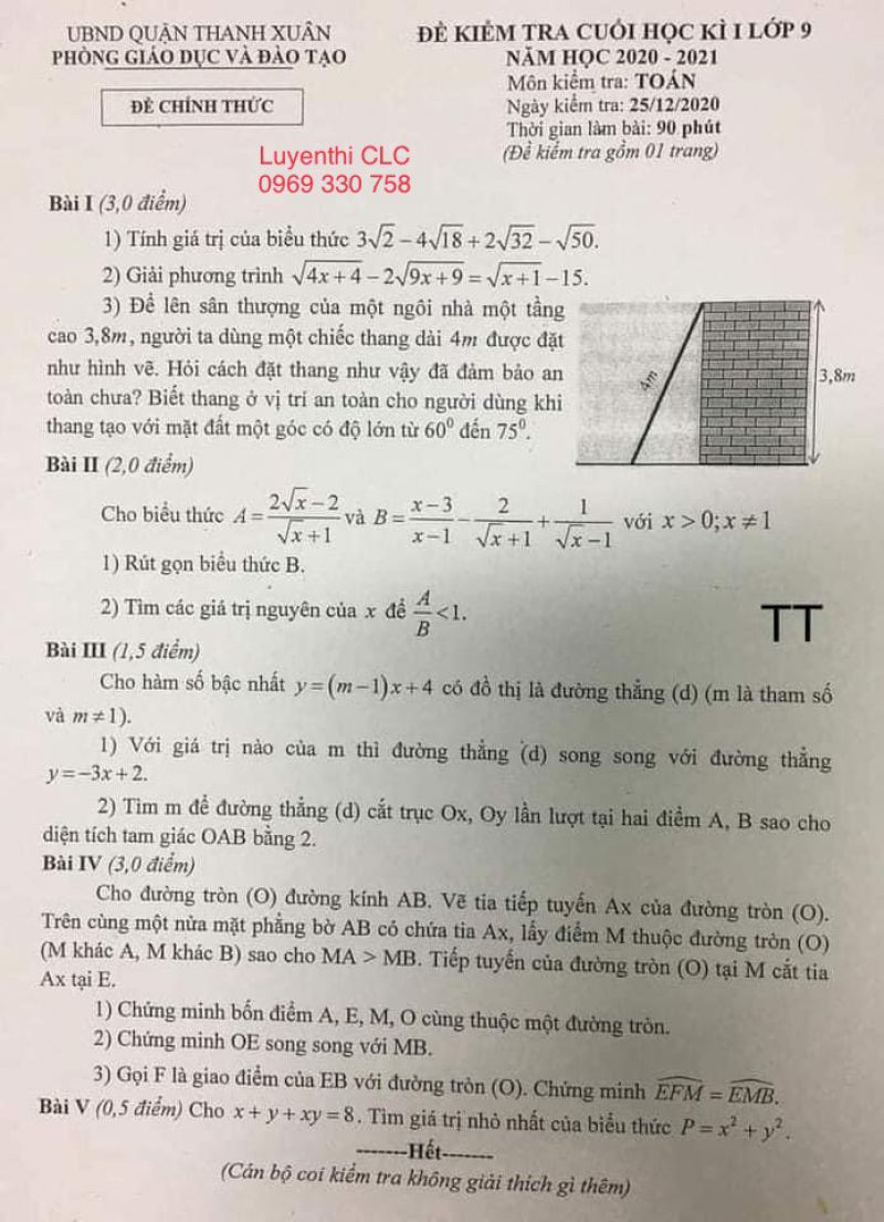 Đề kiểm tra cuối học kì I lớp 9 môn Toán quận Thanh Xuân, Hà Nội năm 2020