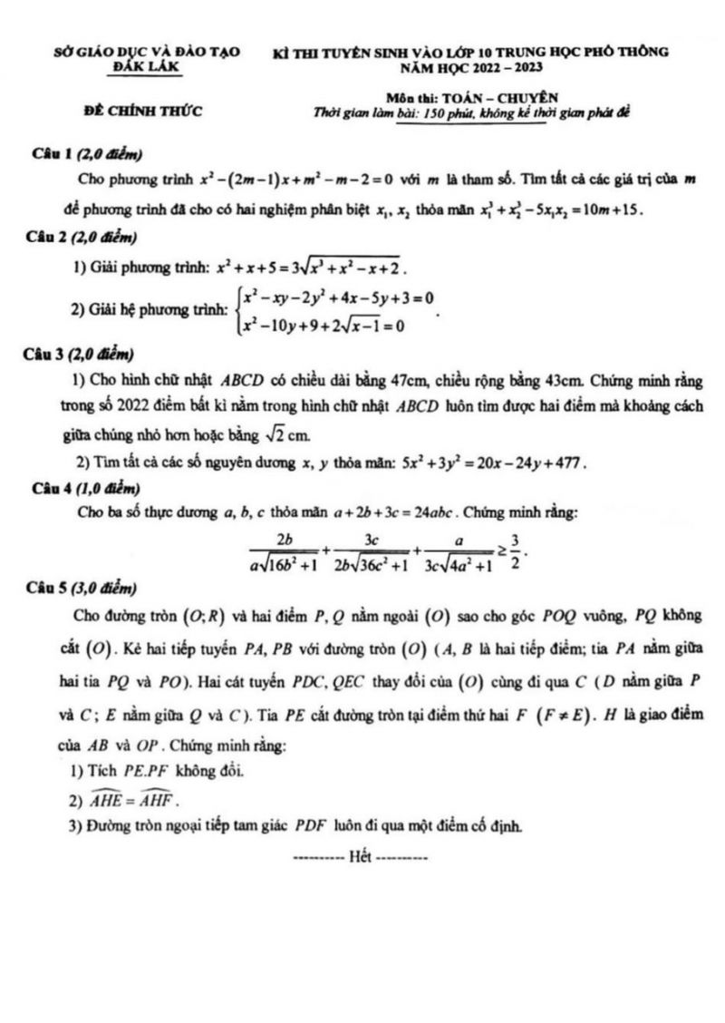 Đề thi tuyển sinh vào lớp 10 THPT môn Toán Chuyên tỉnh Đắk Lắk năm 2022