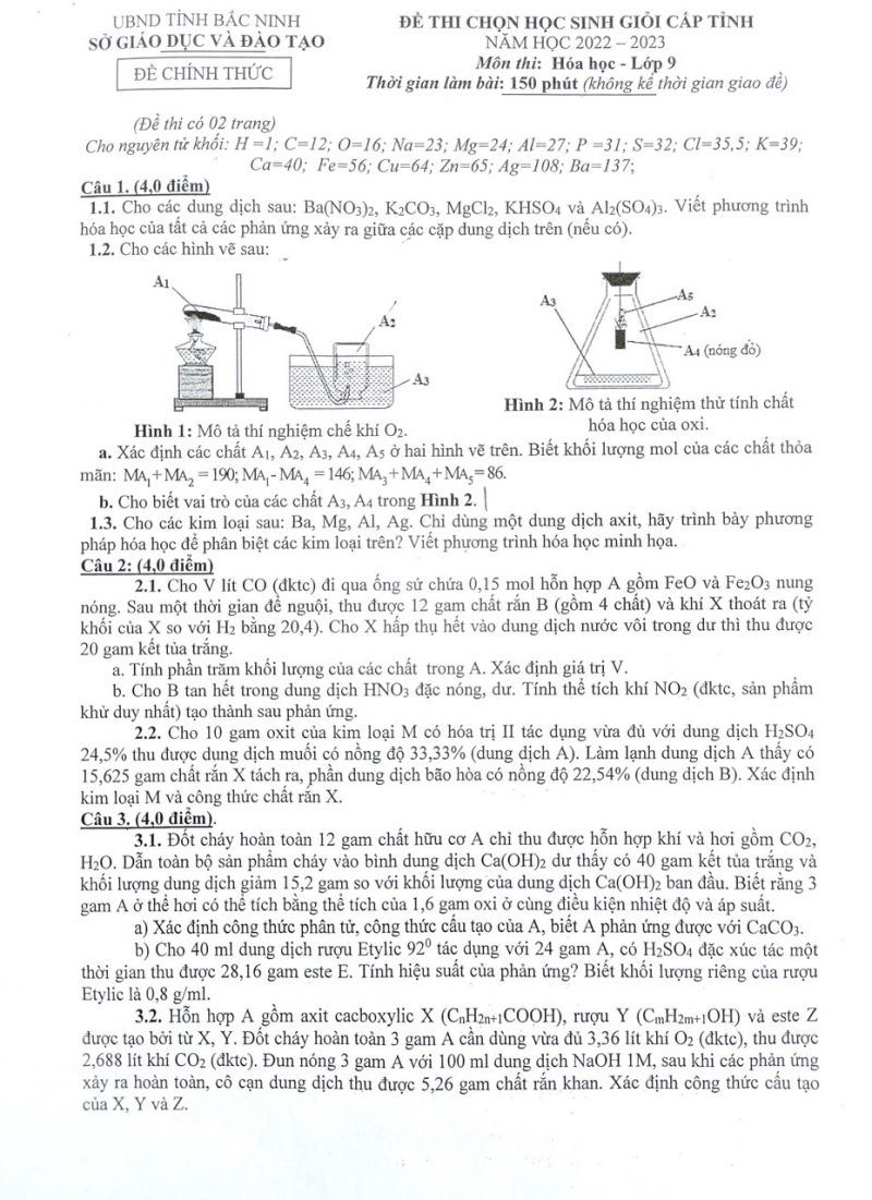 Đề thi chọn HSG môn Hóa Học lớp 9 tỉnh Bắc Ninh năm 2023
