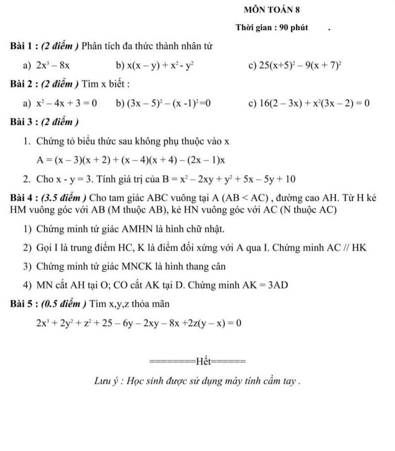 Đề kiểm tra học kì I môn Toán lớp 8