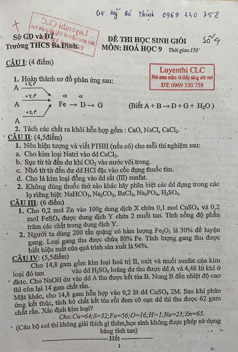 Đề thi HSG môn Hóa Học 9 Trường THCS Ba Đình
