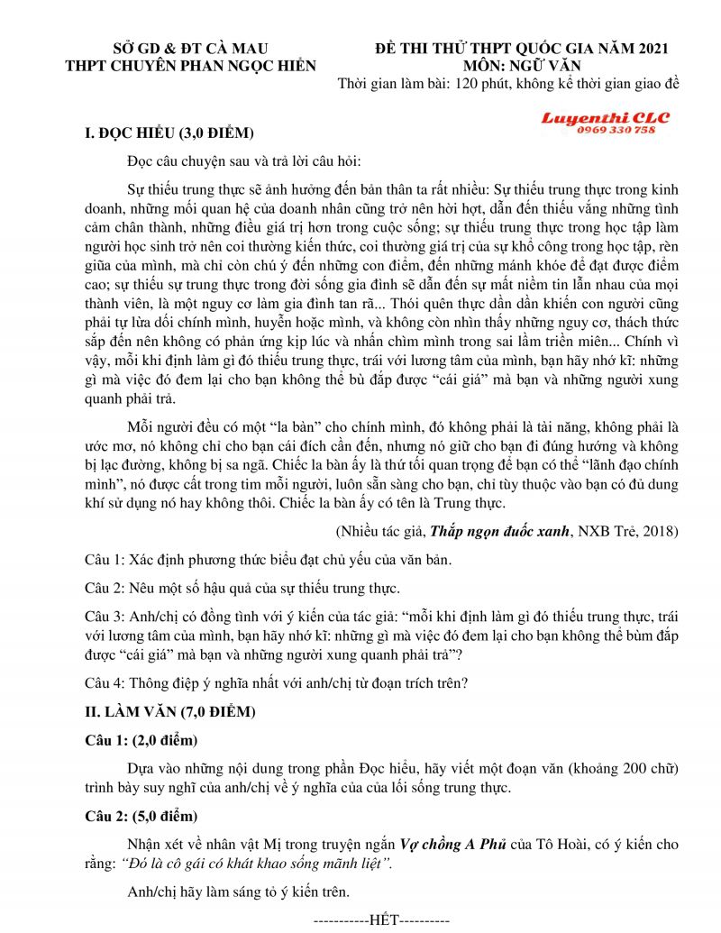 Đề thi thử THPT Quốc Gia m&ocirc;n Ngữ Văn Trường THPT CHUY&Ecirc;N Phan Ngọc Hiển, tỉnh C&agrave; Mau năm 2021