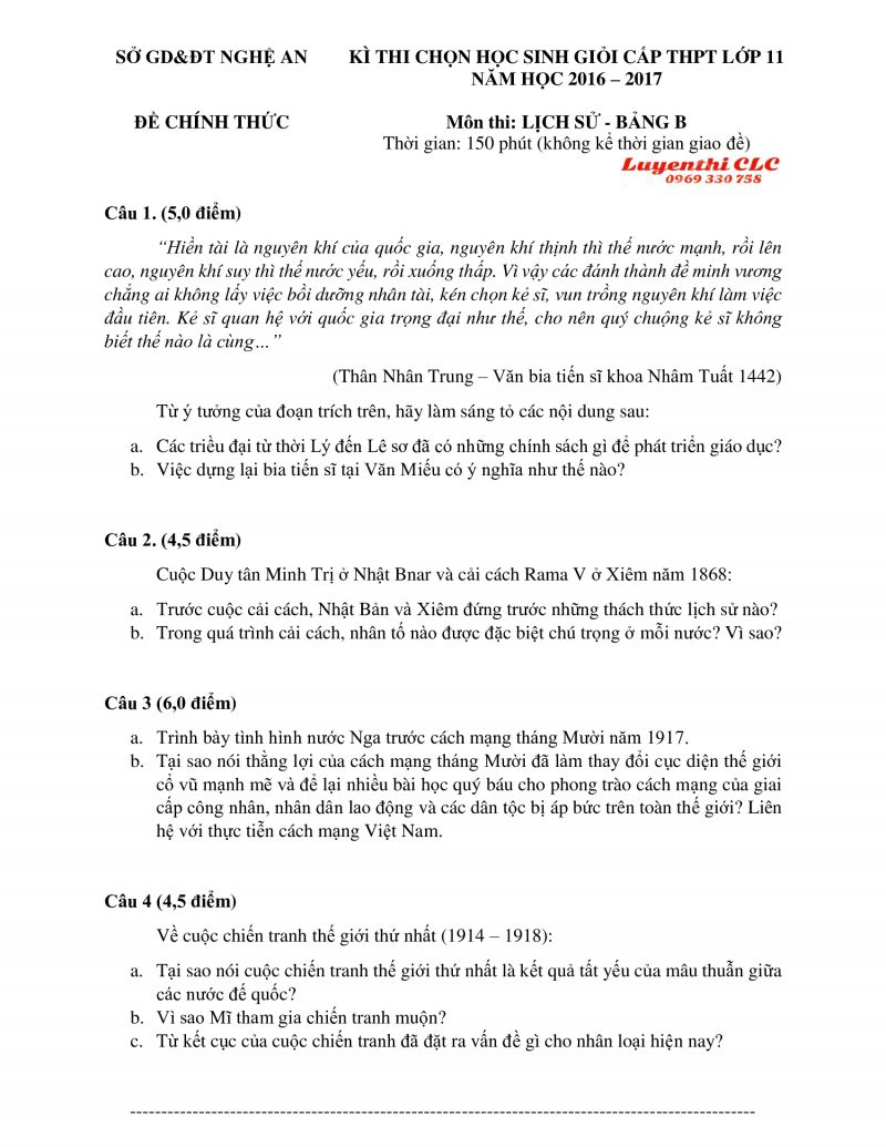 Đề thi chọn HSG m&ocirc;n Lịch Sử lớp 11 THPT tỉnh Nghệ An năm 2016