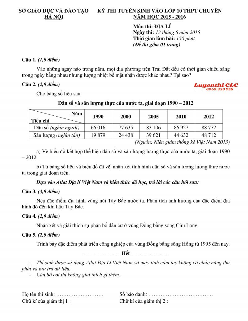 Đề thi tuyển sinh vào 10 THPT CHUYÊN môn Địa Lí tại Hà Nội năm 2015