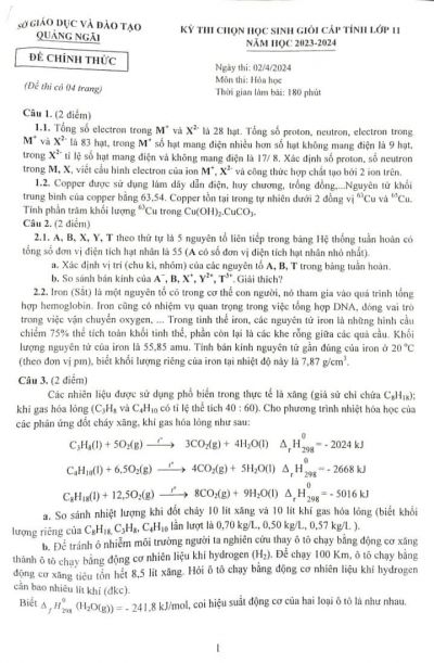 Đề HSG môn Hóa 11 Quảng Ngãi năm 2023-2024