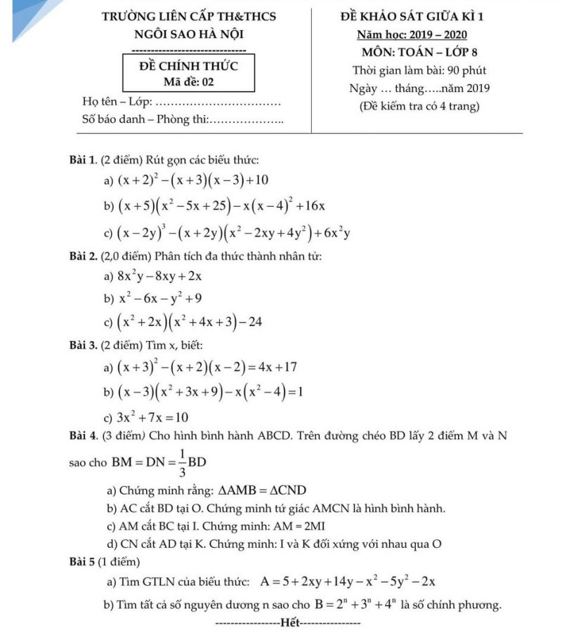 Đề khảo s&aacute;t giữa học k&igrave; I m&ocirc;n To&aacute;n lớp 8 Trường Li&ecirc;n cấp TH &amp; THCS Ng&ocirc;i sao H&agrave; Nội năm 2019