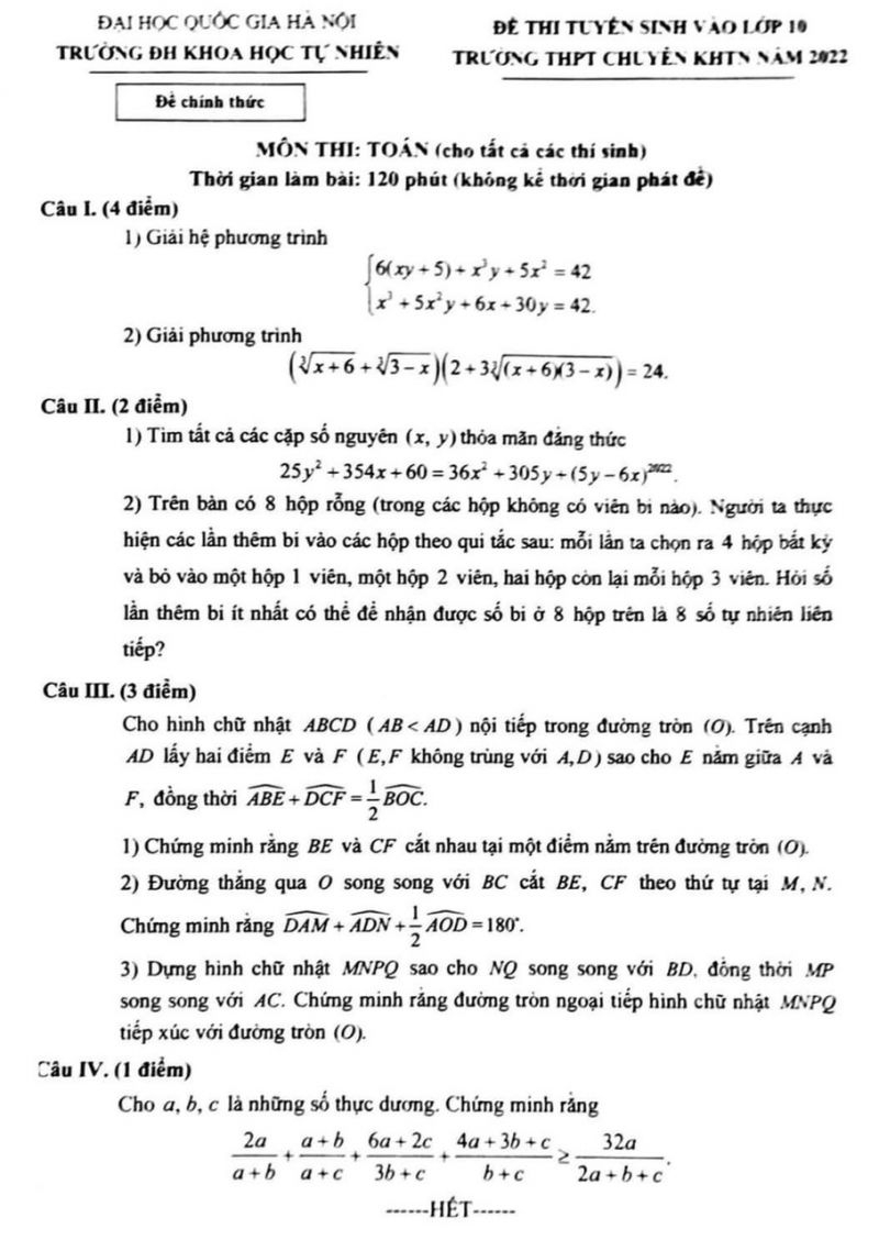 Đề thi tuyển sinh vào lớp 10 môn Toán Trường THPT CHUYÊN Đại học KHTN Hà Nội năm 2022