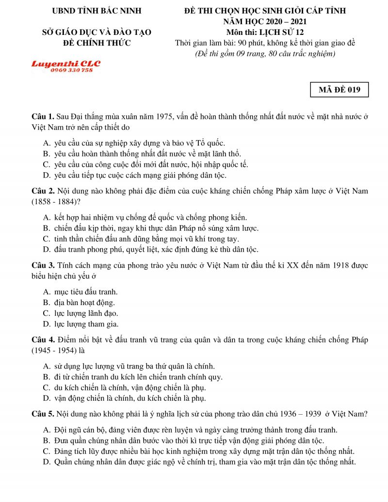 Đề thi chọn HSG m&ocirc;n Lịch Sử lớp 12 tỉnh Bắc Ninh năm 2021