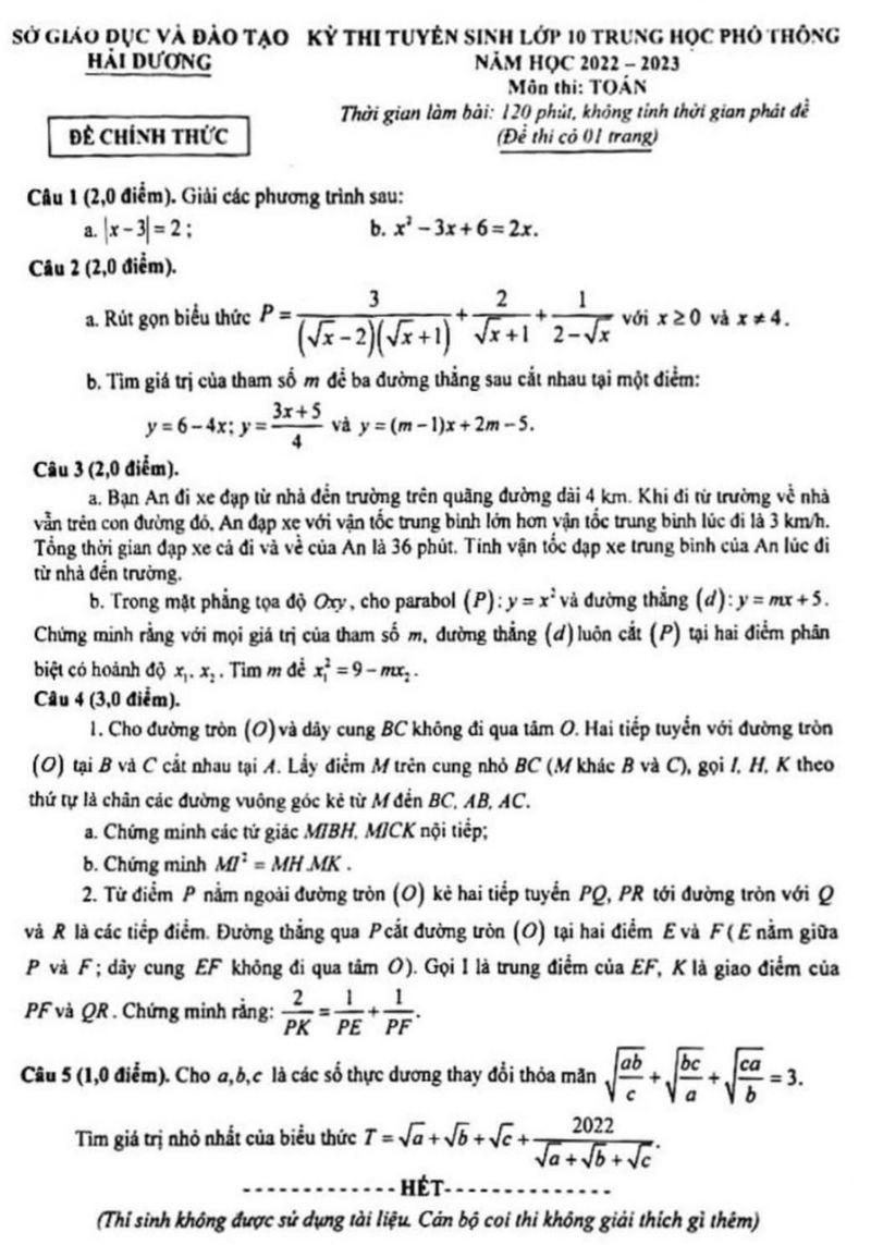 Đề thi tuyển sinh v&agrave;o lớp 10 THPT m&ocirc;n To&aacute;n tỉnh Hải Dương năm 2022