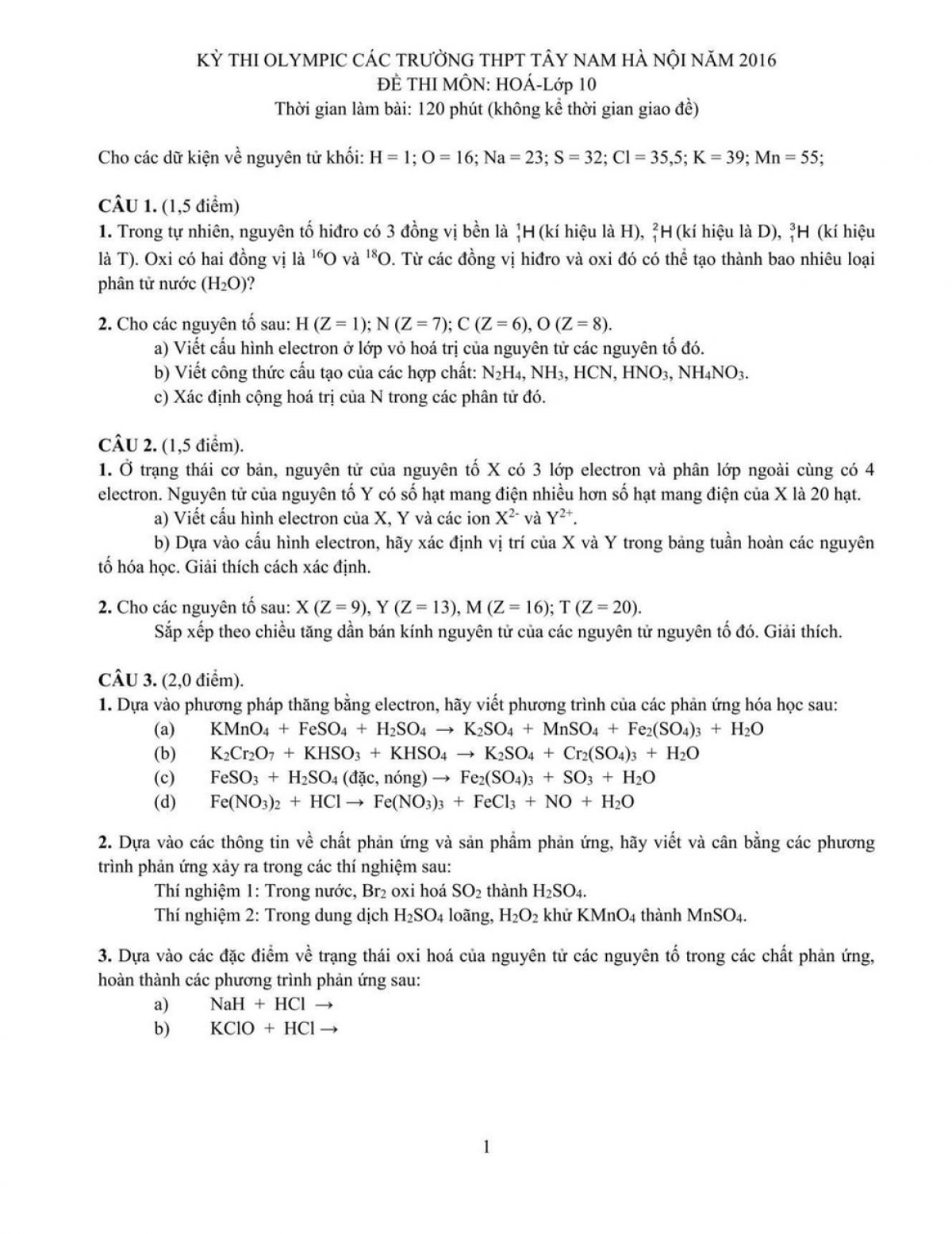 Đề thi Olymic các trường THPT Tây Nam Hà Nội môn Hóa Học lớp 10 năm 2016