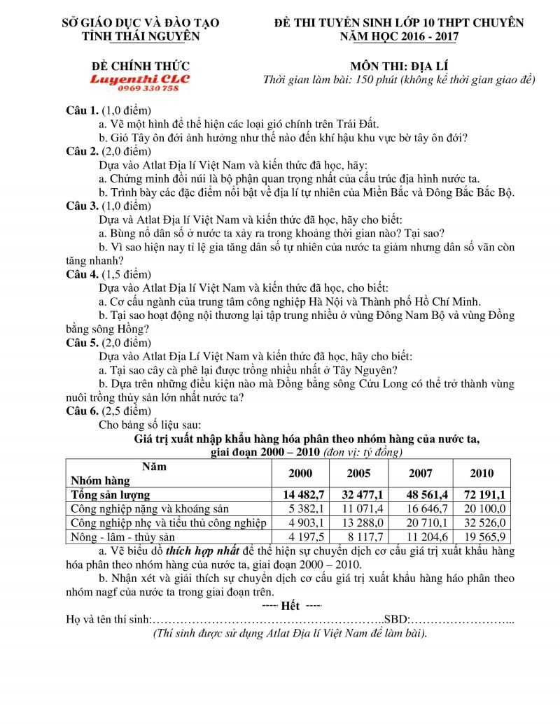 Đề thi tuyển sinh v&agrave;o lớp 10 THPT CHUY&Ecirc;N m&ocirc;n Địa L&iacute; tỉnh Th&aacute;i Nguy&ecirc;n năm 2016