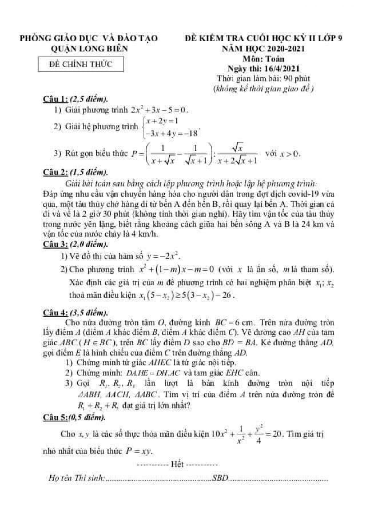Đề kiểm tra cuối kỳ II m&ocirc;n To&aacute;n lớp 9 quận Long Bi&ecirc;n, H&agrave; Nội năm 2021