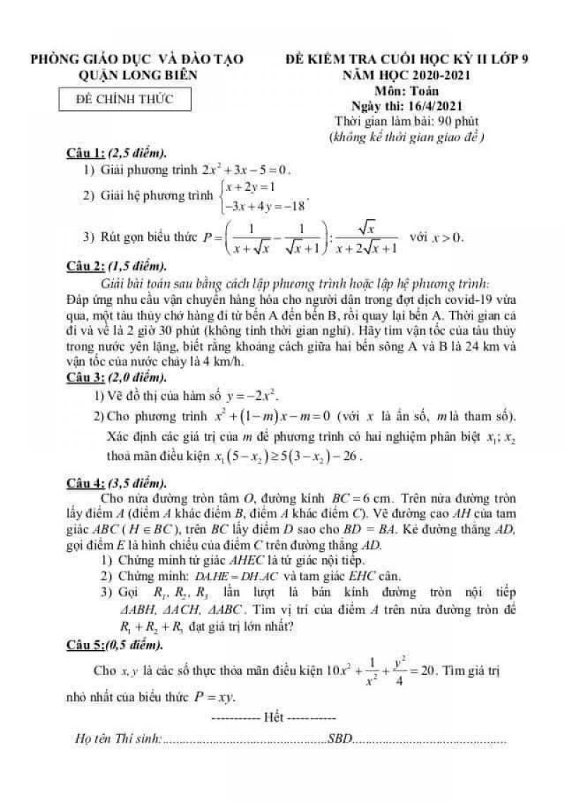Đề kiểm tra cuối kỳ II môn Toán lớp 9 quận Long Biên, Hà Nội năm 2021