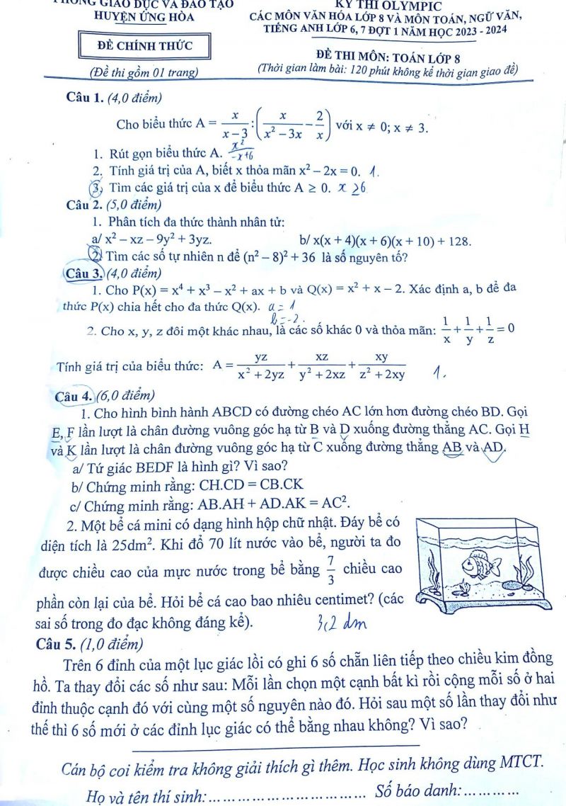 Đề thi học sinh giỏi môn Toán 8 huyện Ứng Hòa Hà Nội 2023 - 2024