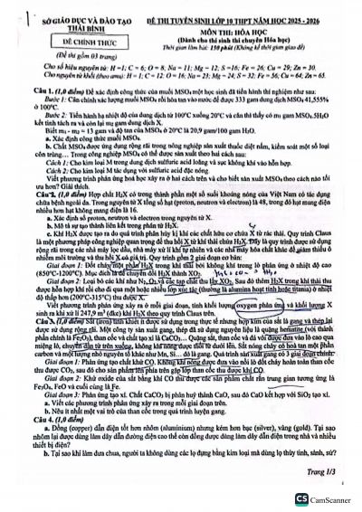 Đề thi THPT chuy&ecirc;n m&ocirc;n H&oacute;a (chuy&ecirc;n) tỉnh Th&aacute;i B&igrave;nh năm 2025-2026