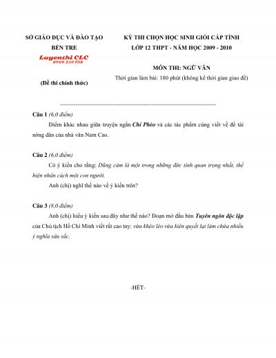 Đề thi chọn HSG cấp tỉnh lớp 12 THPT môn Ngữ Văn tỉnh Bến Tre năm 2010