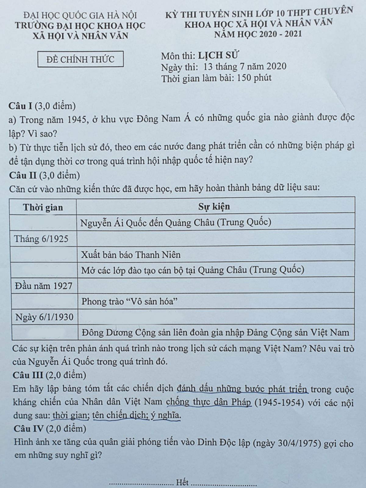 Đề thi tuyển sinh v&agrave;o lớp 10 THPT CHUY&Ecirc;N m&ocirc;n Lịch Sử Trường Đại học Khoa học X&atilde; hội v&agrave; Nh&acirc;n văn năm 2020
