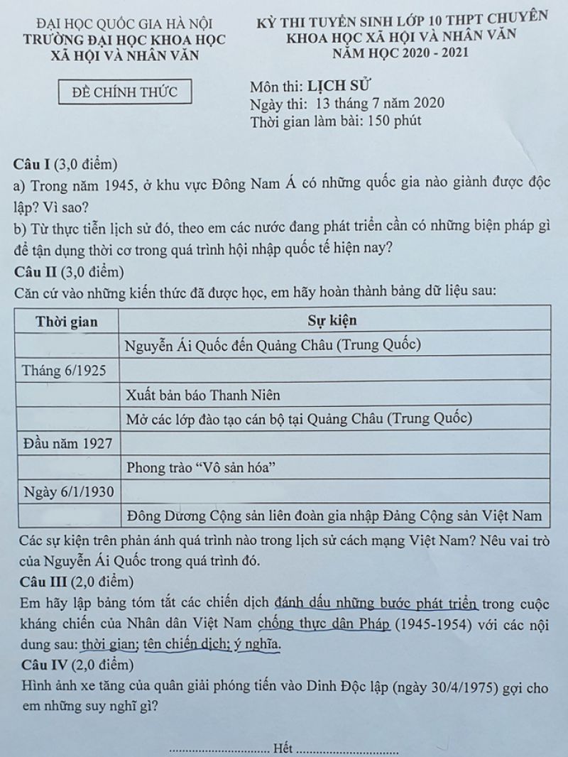 Đề thi tuyển sinh vào lớp 10 THPT CHUYÊN môn Lịch Sử Trường Đại học Khoa học Xã hội và Nhân văn năm 2020