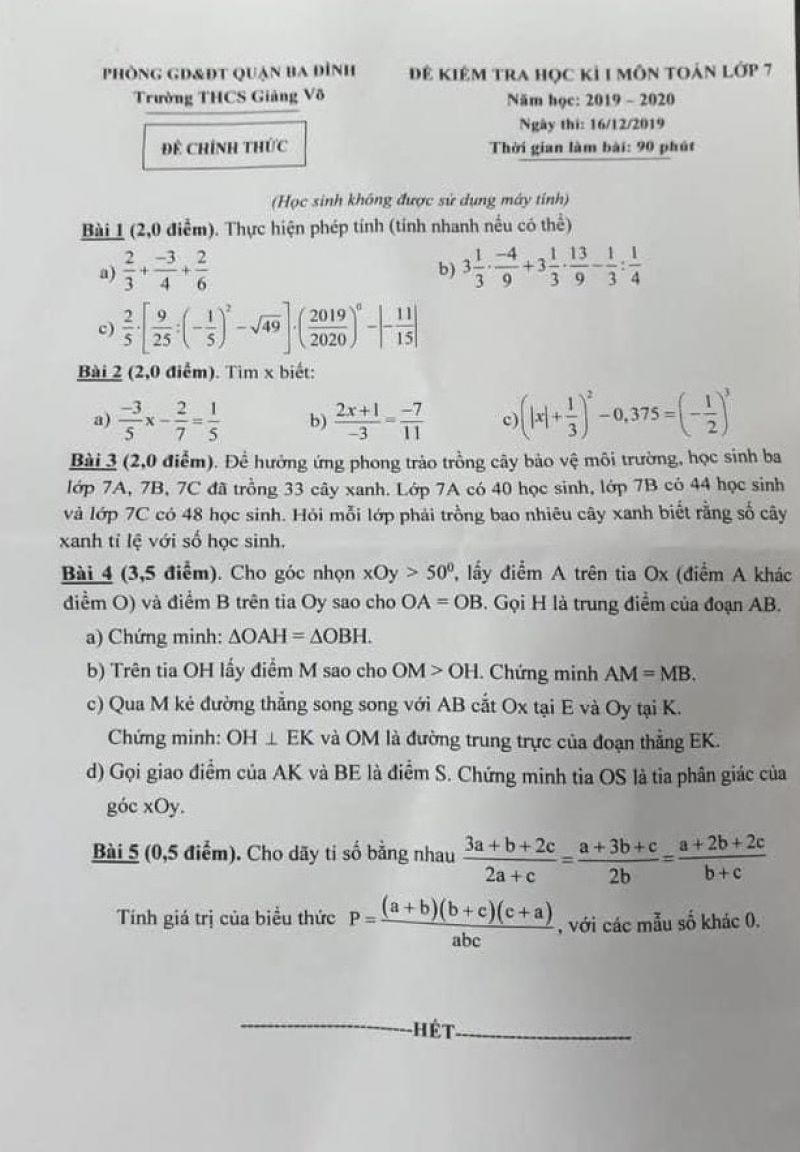 Đề kiểm tra học k&igrave; I m&ocirc;n To&aacute;n lớp 7 Trường THCS Giảng V&otilde;, quận Ba Đ&igrave;nh, H&agrave; Nội năm 2019