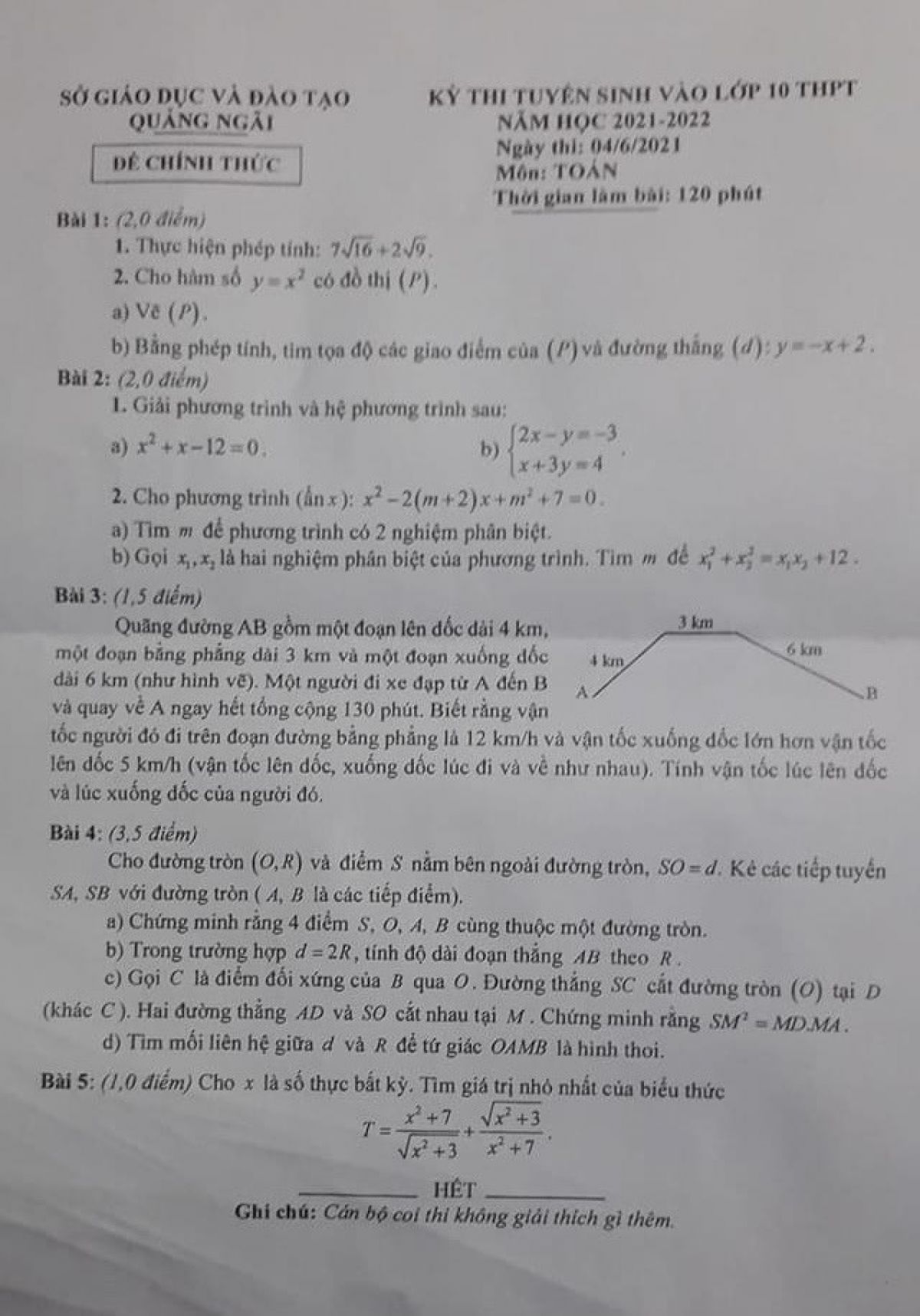 Đề thi tuyển sinh v&agrave;o lớp 10 THPT m&ocirc;n To&aacute;n tại Quảng Ng&atilde;i năm 2021