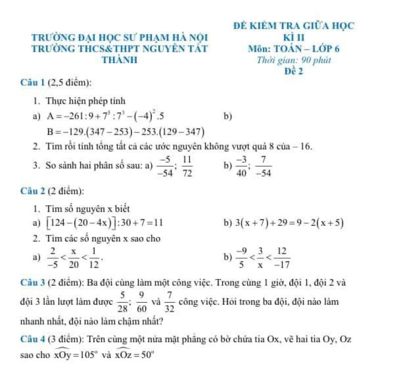 Đề kiểm tra giữa học kì II môn Toán lớp 6 Trường THCS &amp; THPT Nguyễn Tất Thành, Hà Nội