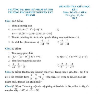 Đề kiểm tra giữa học kì II môn Toán lớp 6 Trường THCS &amp; THPT Nguyễn Tất Thành, Hà Nội