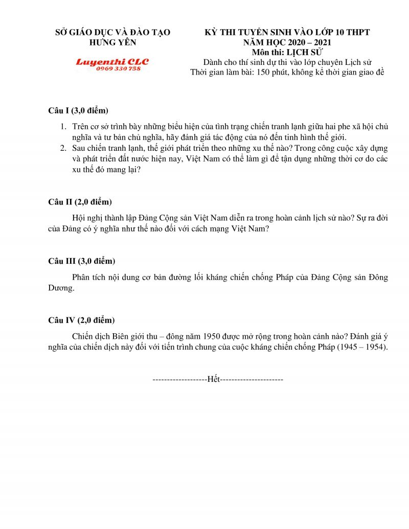 Đề thi tuyển sinh vào lớp 10 THPT môn Lịch Sử ( Chuyên ) tỉnh Hưng Yên năm 2021