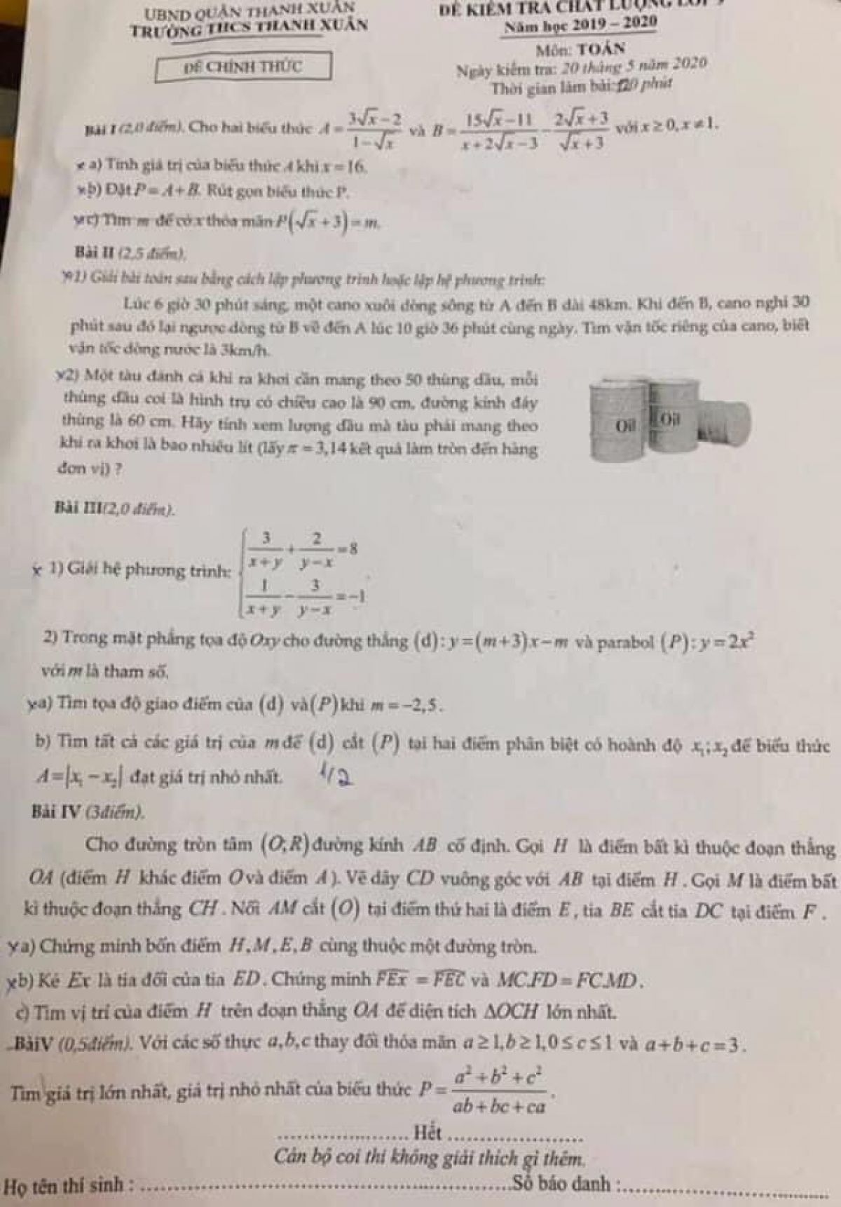 Đề kiểm tra chất lượng m&ocirc;n To&aacute;n lớp 9 Trường THCS Thanh Xu&acirc;n, quận Thanh Xu&acirc;n, H&agrave; Nội năm 2019