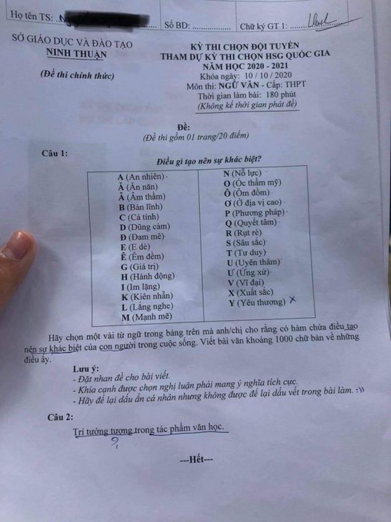 Đề thi chọn đội tuyển tham dự kì thi chọn HSG Quốc Gia môn Ngữ Văn tỉnh Ninh Thuận năm 2020