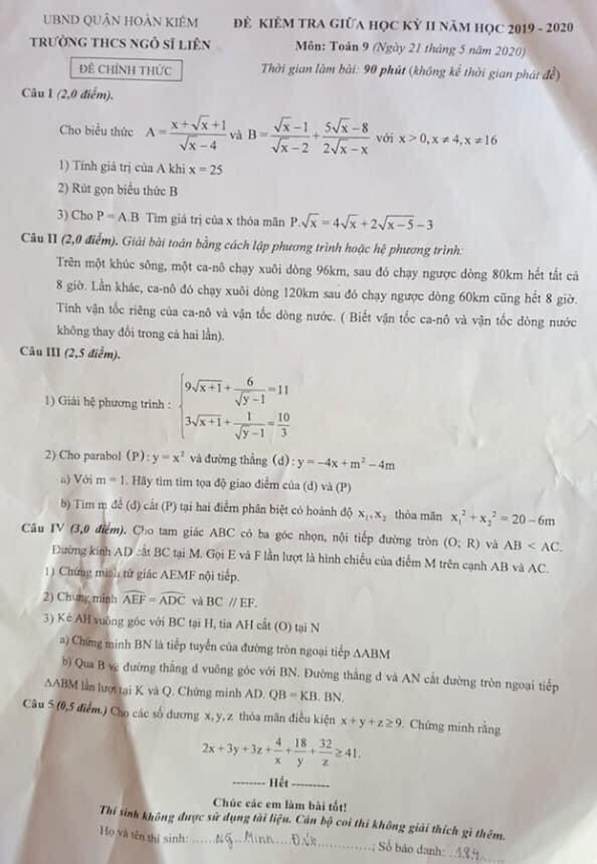 Đề kiểm tra giữa học k&igrave; II m&ocirc;n To&aacute;n lớp 9 Trường THCS Ng&ocirc; Sĩ Li&ecirc;n, quận Ho&agrave;n Kiếm, H&agrave; Nội năm 2020