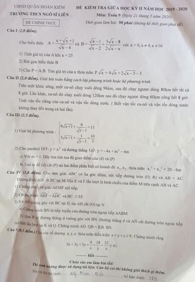 Đề kiểm tra giữa học kì II môn Toán lớp 9 Trường THCS Ngô Sĩ Liên, quận Hoàn Kiếm, Hà Nội năm 2020