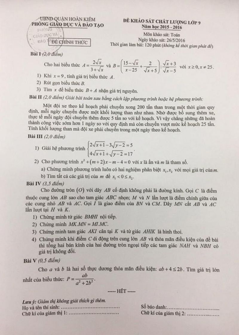Đề khảo sát chất lượng môn Toán lớp 9 quận Hoàn Kiếm, Hà Nội năm 2016