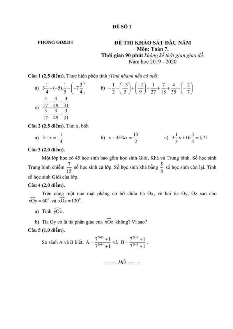 Một số đề thi khảo s&aacute;t đầu năm m&ocirc;n To&aacute;n lớp 7