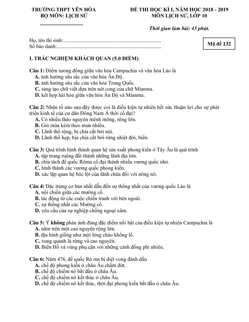 Đề thi học kì I môn Lịch Sử lớp 10 Trường THPT Yên Hòa năm 2018