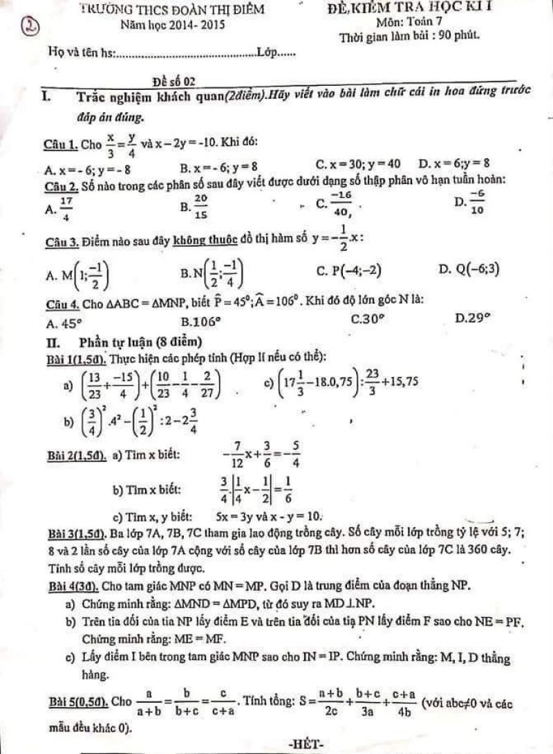 Đề kiểm tra học kì I môn Toán lớp 7 Trường THCS Đoàn Thị Điểm năm 2014