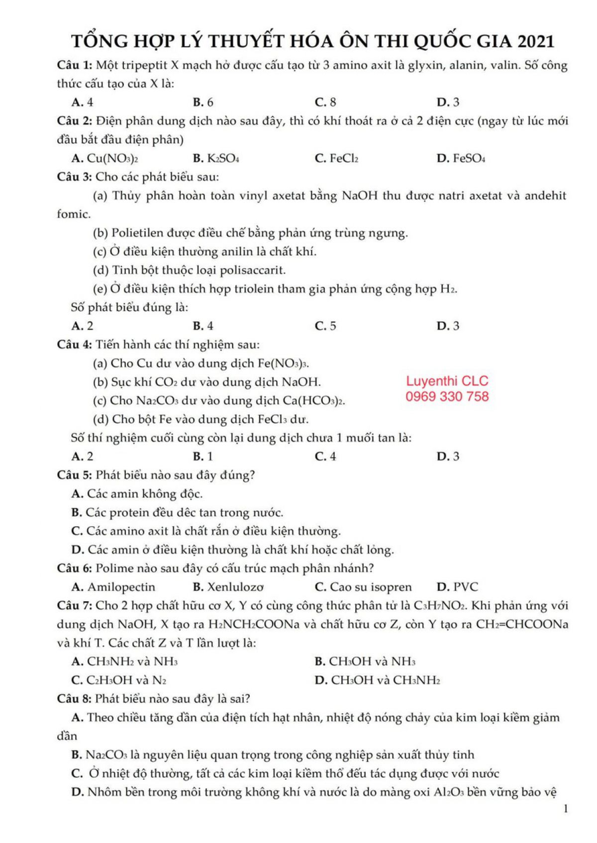 Tổng hợp l&yacute; thuyết H&oacute;a &ocirc;n thi quốc gia 2021