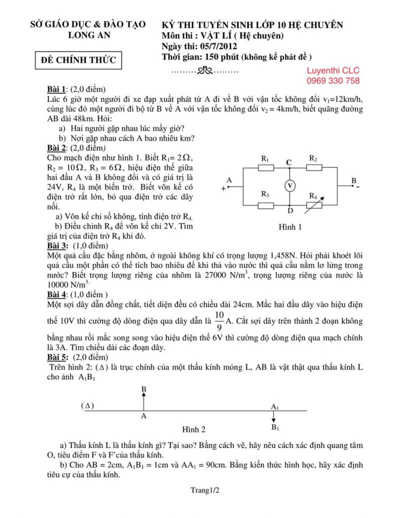 Đề thi tuyển sinh vào lớp 10 THPT CHUYÊN và đáp án môn Vật lý tỉnh LONG An năm 2012