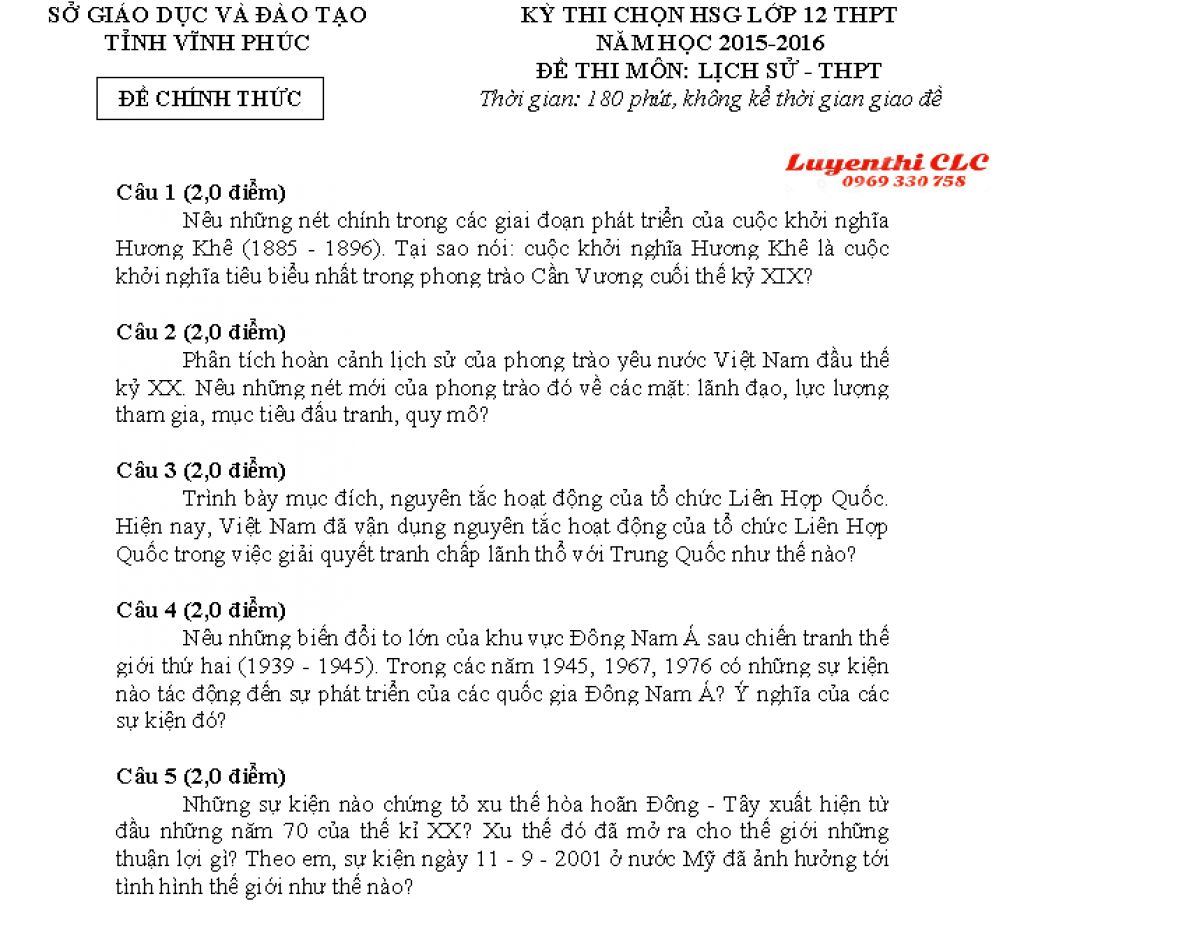 Đề thi HSG lớp 12 THPT v&agrave; đ&aacute;p &aacute;n m&ocirc;n Lịch Sử tỉnh Vĩnh Ph&uacute;c năm 2016