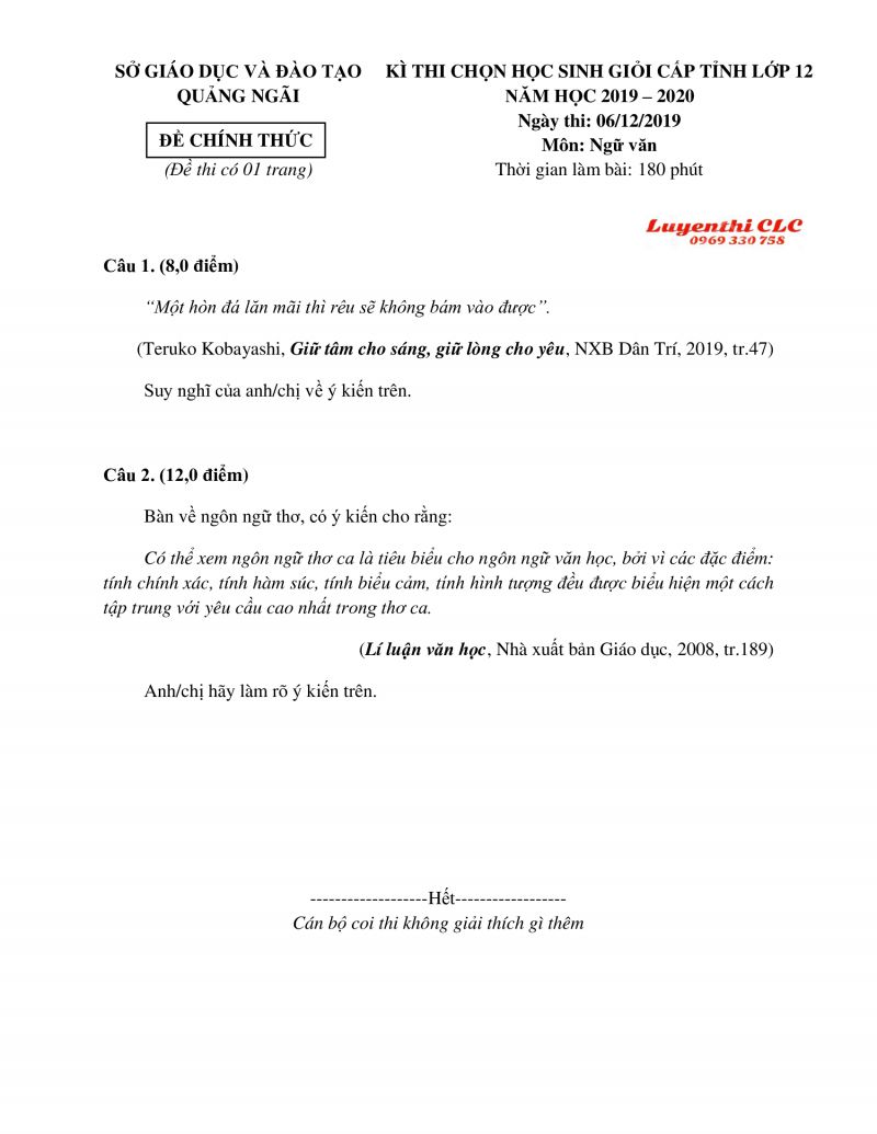 Đề thi chọn HSG cấp tỉnh lớp 12 môn Ngữ Văn tỉnh Quảng Ngãi năm 2019