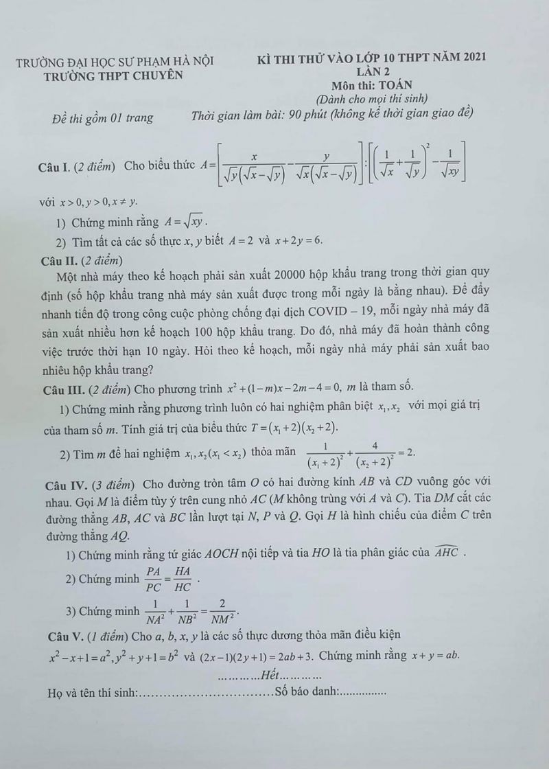 Đề thi thử tuyển sinh vào lớp 10 THPT môn Toán Trường THPT CHUYÊN Sư phạm Hà Nội năm 2021