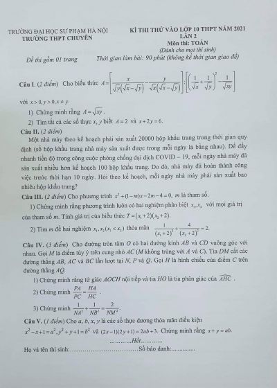 Đề thi thử tuyển sinh vào lớp 10 THPT môn Toán Trường THPT CHUYÊN Sư phạm Hà Nội năm 2021