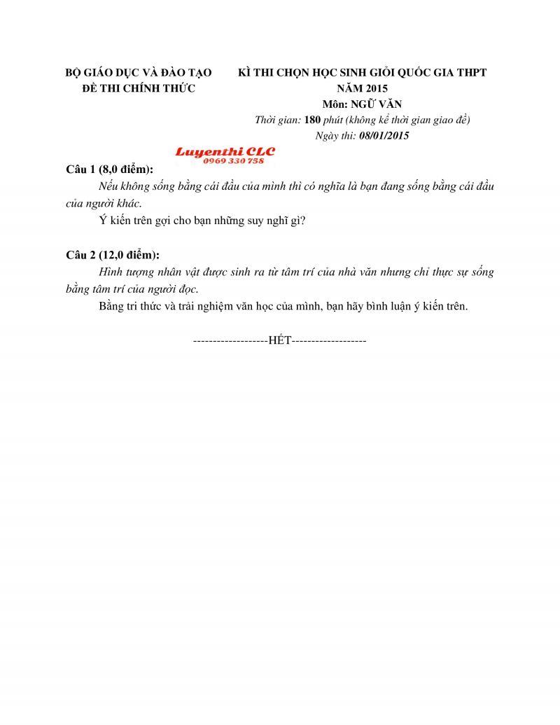 Đề thi chọn HSG Quốc Gia THPT môn Ngữ Văn năm 2015