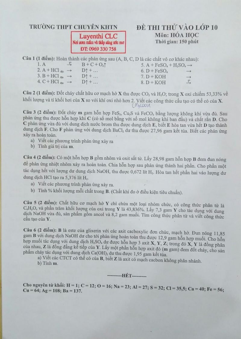 Đề thi thử vào lớp 10 và đáp án môn Hóa Học trường THPT CHUYÊN KHTN