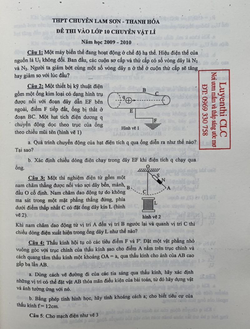 Đề thi tuyển sinh vào lớp 10 THPT CHUYÊN môn Vật Lí Trường THPT CHUYÊN Lam Sơn tỉnh Thanh Hóa năm 2010