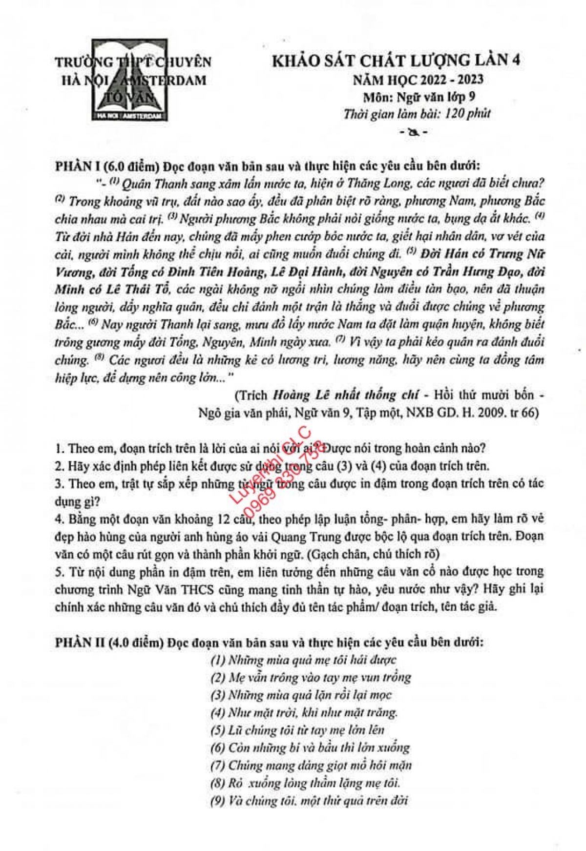 Đề khảo s&aacute;t chất lượng lần 4 m&ocirc;n Ngữ Văn lớp 9 Trường THPT Chuy&ecirc;n H&agrave; Nội - Amsterdam năm 2023