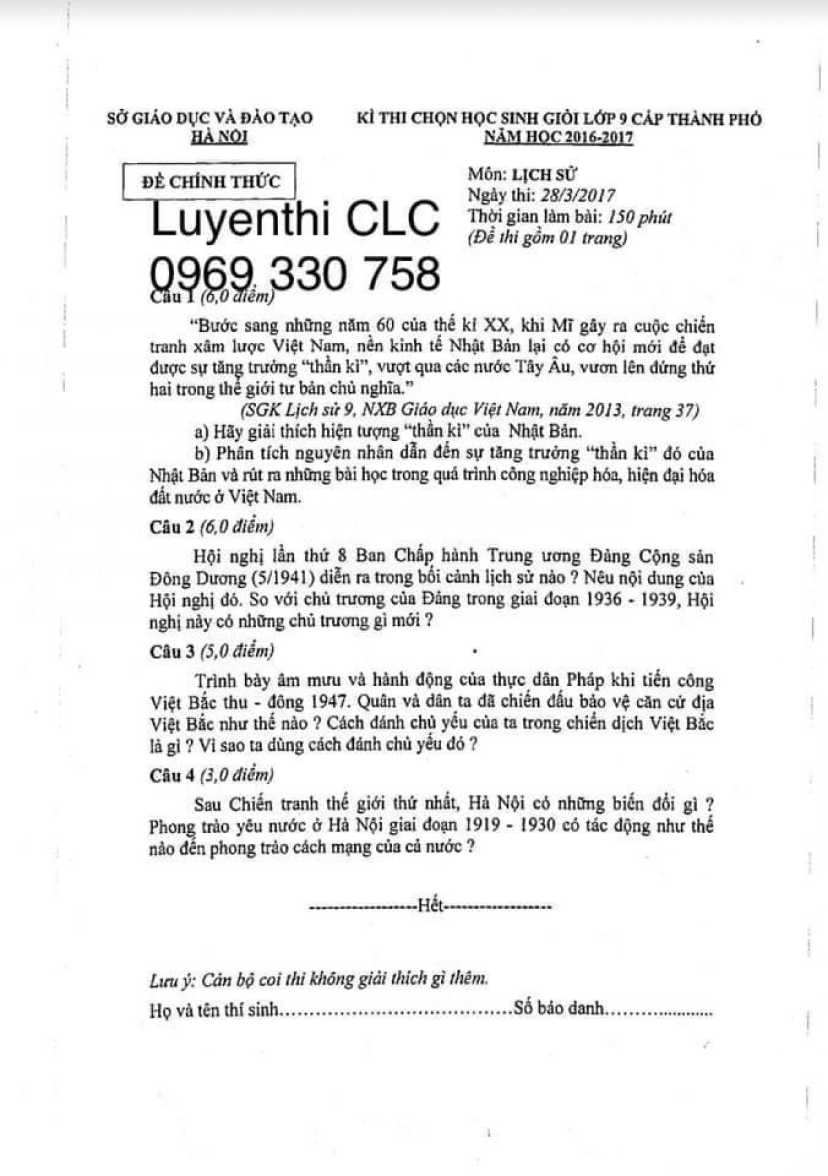 Đề thi chọn HSG lớp 9 cấp thành phố môn Lịch Sử tại Hà Nội năm 2017
