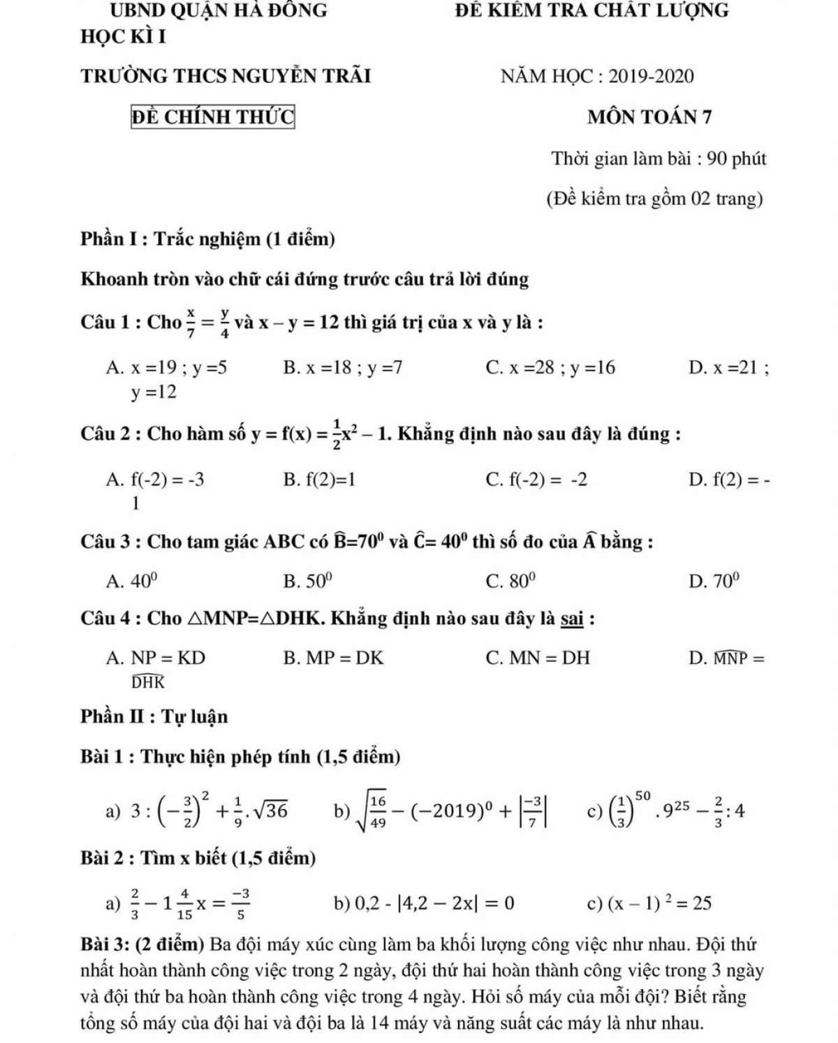 Đề kiểm tra chất lượng học k&igrave; I m&ocirc;n To&aacute;n lớp 7 Trường THCS Nguyễn Tr&atilde;i năm 2019