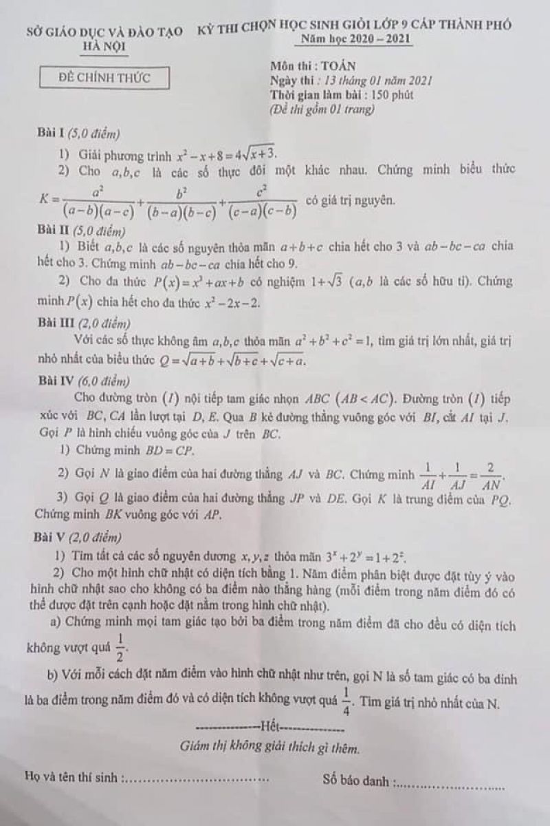 Đề thi chọn HSG môn Toán lớp 9 cấp thành phố tại Hà Nội năm 2021