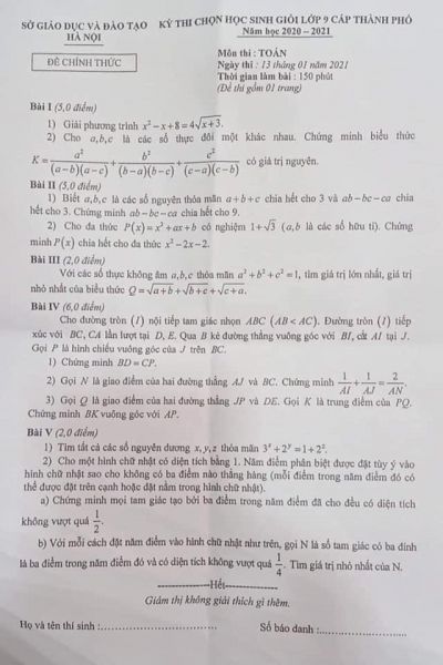 Đề thi chọn HSG môn Toán lớp 9 cấp thành phố tại Hà Nội năm 2021