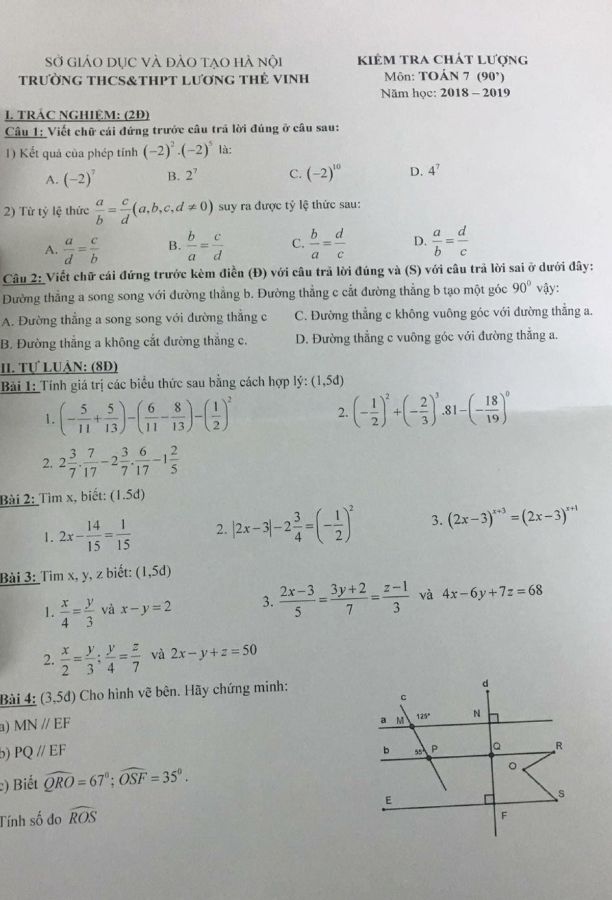 Đề kiểm tra chất lượng m&ocirc;n To&aacute;n lớp 7 Trường THCS &amp; THPT Lương Thế Vinh, H&agrave; Nội năm 2018